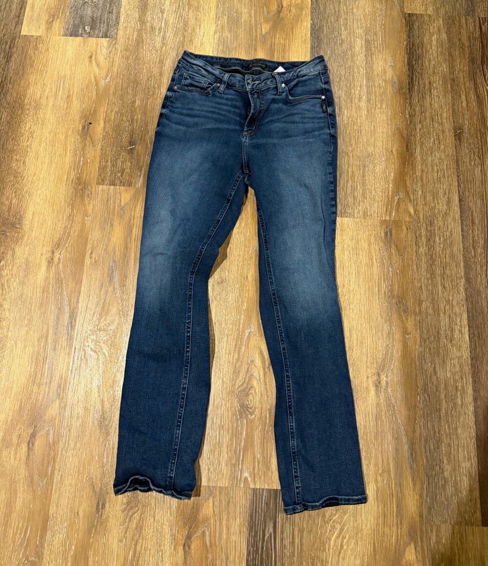 Silver Jeans Co. Women’s Mid-Rise Straight Jeans Blue Dark Wash Denim 5-Pocket